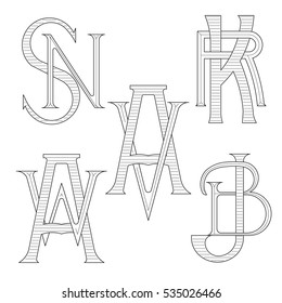 Set of elegant monograms with two letters. SN KR AV AW JB. Monogram logo identity for author, photographer, restaurant, hotel, heraldic, jewelry.