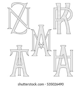 Set of elegant monograms with two letters. ZN KR AM AT AH. Monogram logo identity for author, photographer, restaurant, hotel, heraldic, jewelry.