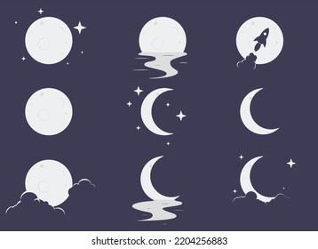 set elegant moon with star, reflection on water, clouds, and rocket icon vector illustration EPS10