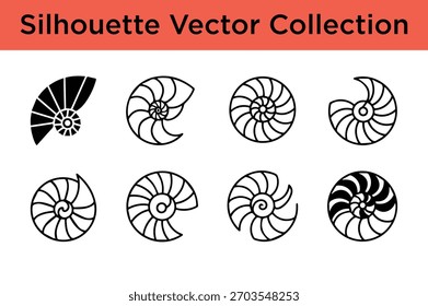 Set von eleganten nautilus Muschel Spiraldesigns, perfekt für marine, Natur und geometrische Themen.
