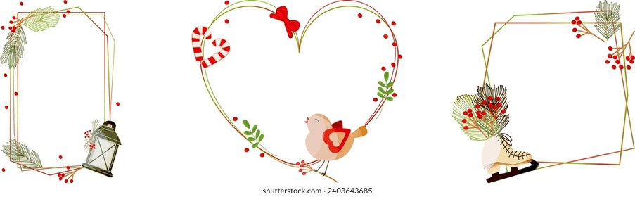 Set of elegant New Year frames. Heart shape, vertical rectangle, square, decorated with fir branches, red berries, lantern, bird, skate. Use to decorate greeting cards, invitations, etc.