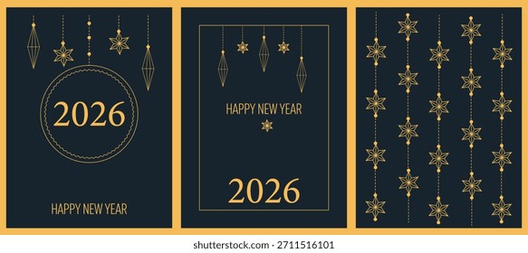 Ein Set eleganter Neujahrskarten in dunkelblau und gold mit Sternen und Dekorationen