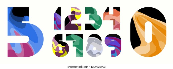 Set of elegant numbers for design. Black numbers with color waves inside. Vector illustration.