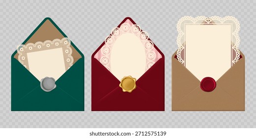 Conjunto de sobres abiertos elegantes con sello de cera y marco de encaje en el interior. Ilustración vectorial realista. Mejor para la invitación, volante, tarjeta