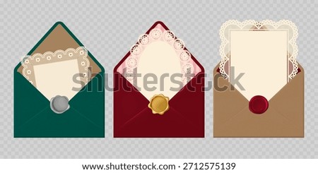 Set of Elegant open envelopes with wax seal and Lace frame inside. Realistic vector illustration. Best for invitation, flyer, card