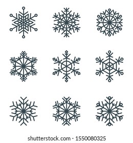Set of elegant, openwork geometric six pointed vector snowflakes. Decor, design elements for Greeting card for Merry Christmas, Happy New Year. Illustration for flyer, booklet, brochure and website.