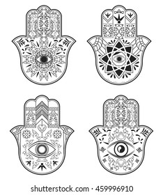 Set elegant ornate hand drawn Hamsa Hand of Fatima. Good luck amulet in Indian, Arabic Jewish cultures. Vintage style isolated vector illustration.