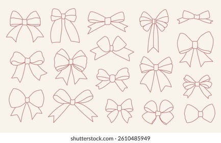 Set of elegant outline ribbon bow illustrations in minimal red line style on light background. Perfect for decoration, packaging, festive design, and craft projects.