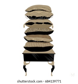 Set of elegant pillows topped on bed table. Piled exquisite pillows with tassels. Vector Illustration