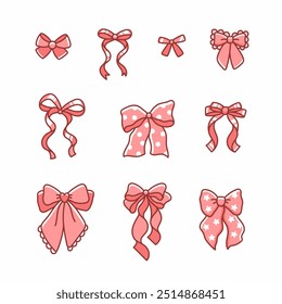 Set of elegant pink bows of different types. Collection of beautiful holiday decorative elements, festive gift decorations. Vector illustration  isolated on white background