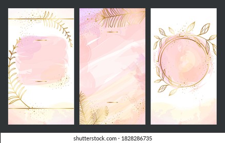 Set Of Elegant Pink Template With Gold Plants For Stories And Streaming. Mockup For Personal Blog, Shop Or User Story. Layout For Promotion, Stories And Post In Social Media.