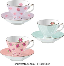 A set of elegant porcelain cups and saucers. Floral pattern. vector illustration