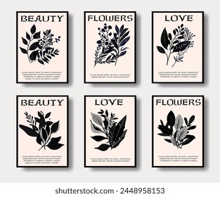 Set of elegant posters with floral elements in monochrome color palette.