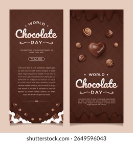 Set Elegant promotional Vertical Banner celebrating World Chocolate Day, showcasing chocolate, design elements, and festive decorations. Designed in a brown theme.