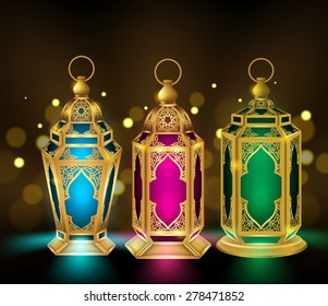 Set von eleganten Ramadan Kareem Lantern oder Fanous in Gold mit farbenfrohen Lichtern auf unscharfem goldenem Hintergrund für den Heiligen Monat des Fastens. Illustration bearbeitbarer Vektorillustrationen