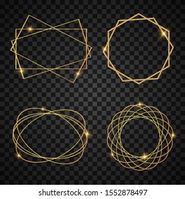 Set of Elegant Realistic Geometric golden luxury frame with light effects art deco style. Shining banner. Glowing vector illustration for, greetings holiday card, gift. Isolated sparkles element