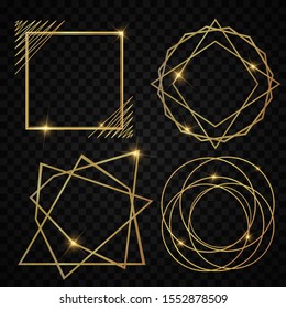 Set of Elegant Realistic Geometric golden luxury frame with light effects art deco style. Shining banner. Glowing vector illustration for, greetings holiday card, gift. Isolated sparkles element