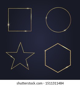 Set of Elegant Realistic golden luxury frame with light effects. Shining  square, star, round banner. Glowing graphic vector illustration for, logo, cards. With fashion magic sparkles elements