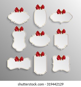 Set of elegant realistic white paper tags with red bows and golden elements. Vector EPS10 illustration. 
