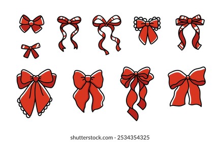 Set of elegant red bow knots, gift bows. Collection of beautiful holiday decorative elements, festive present decorations. Hand drawn vector illustration isolated on white background