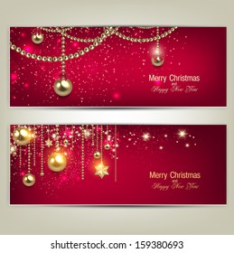 Set of Elegant Red Christmas banners with golden baubles and stars. Vector illustration