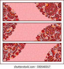 Set of Elegant Red Christmas banners with doodle balls. Vector illustration