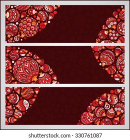 Set of Elegant Red Christmas banners with doodle balls. Vector illustration