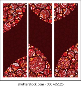 Set of Elegant Red Christmas banners with doodle balls. Vector illustration
