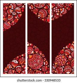 Set of Elegant Red Christmas banners with doodle balls. Vector illustration