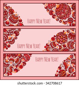 Set of Elegant Red Christmas and Happy New Year banners with doodle balls. Vector illustration