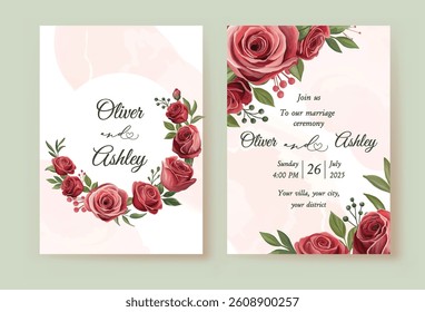 Set of elegant red flowers wedding invitation template with red roses, perfect for romantic events, ceremonies, and festive floral stationery designs