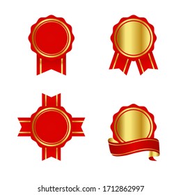 Set of Elegant Red and Gold Badge with Ribbon Illustration Design Template Vector