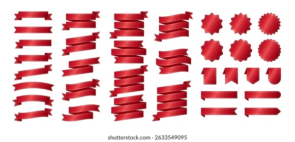  Set of Elegant Red Ribbon with Gold Border Banners, Labels and Bookmarks - Flat Design Illustration