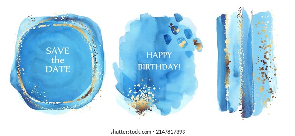 Set of elegant, romantic backgrounds, cards, covers, invitations with shades of blue.  Golden lines, splatters. Watercolor washes, abstract background. 