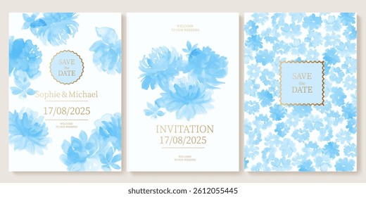 Set of elegant, romantic wedding cards, covers, invitations with shades of blue flowers. Watercolor blossoms, abstract wash background. Spring, summer garden.