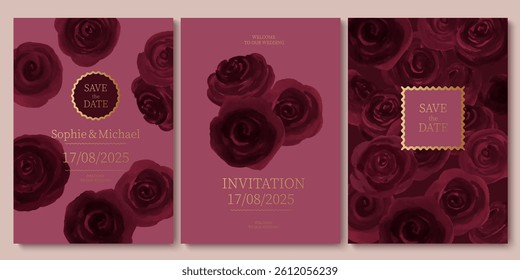 Set of elegant, romantic wedding cards, covers, invitations with shades of dusty rose, red, maroon flowers. Watercolor blossoms, abstract wash background. Spring, summer garden.