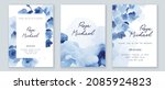 Set of elegant, romantic wedding crds, covers, invitations with shades of blue flowers. Watercolor blossoms, abstract wash background. Spring, summer garden.