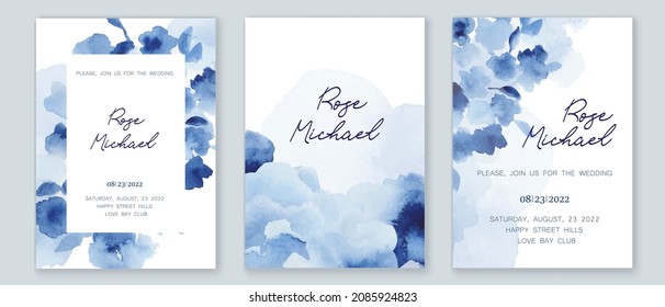 Set of elegant, romantic wedding crds, covers, invitations with shades of blue flowers. Watercolor blossoms, abstract wash background. Spring, summer garden.