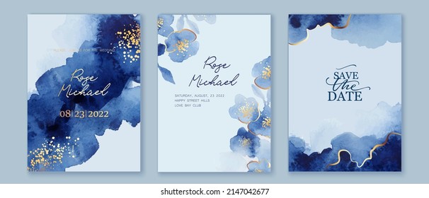 Set of elegant, romantic wedding crds, covers, invitations with shades of blue flowers.  Golden lines, splatters. Watercolor blossoms, abstract wash background. Spring, summer garden.