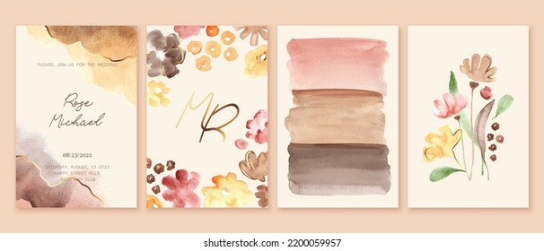 Set of elegant, romantic wedding crds, covers, invitations with shades of yellow, pink, brown flowers. Watercolor blossoms, abstract wash background. Spring, summer, autumn garden.