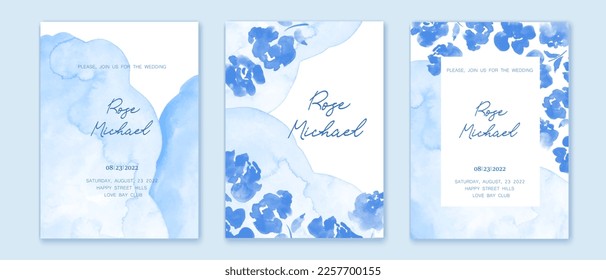 Set of elegant, romantic wedding crds, covers, invitations with shades of blue flowers. Watercolor blossoms, abstract wash background. Spring, summer garden.