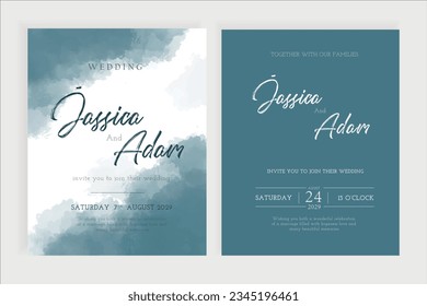 Conjunto de elegantes y románticos códigos de boda, cubiertas, invitaciones con tonos de flores azules.  salpicaduras. Flores acuáticas, fondo de lavado abstracto. Primavera, jardín de verano.