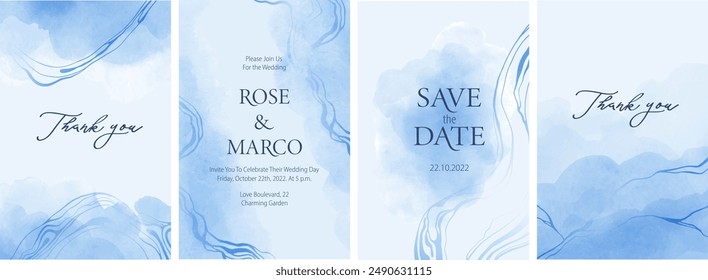 Set von eleganten, romantischen Hochzeitskarten, Covers, Einladungen mit Blautönen. Aquarellflecken, Waschungen, abstrakter Waschhintergrund. Nacktes, neutrales Design. Meer, Wasser, Himmel.