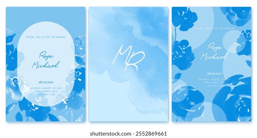 Set of elegant, romantic wedding crds, covers, invitations with shades of blue flowers. Watercolor blossoms, abstract wash background. Spring, summer garden.