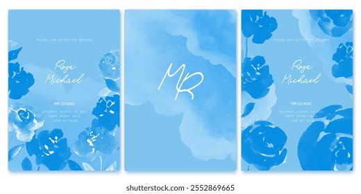 Set of elegant, romantic wedding crds, covers, invitations with shades of blue flowers. Watercolor blossoms, abstract wash background. Spring, summer garden.