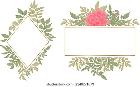 set of elegant rose flower and green leaves frame watercolor
