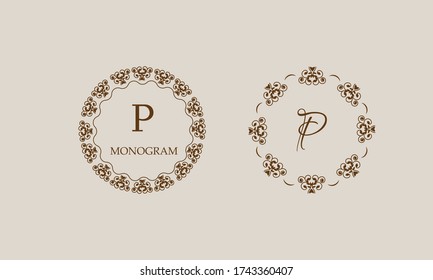 Set von eleganten runden blumigen Monogrammen mit dem Buchstaben P braun. Firmenlogo 