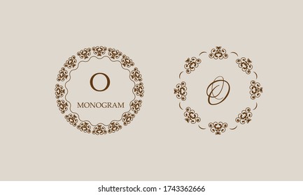 Conjunto de elegantes monogramas redondos de flores con la letra O marrón.  Logo de negocios 