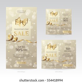 Set of elegant sale banners of different sizes for Valentine's day celebration with shopping bag, golden bow and ribbon. Template for discount offer. Vector background with hearts, effect bokeh