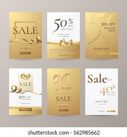 Set Of Elegant Sale Banners With Golden Bow, Frame, Ribbon And Paper Shopping Bag. Vector Template For Website With Gold Background. Isolated From The Background.